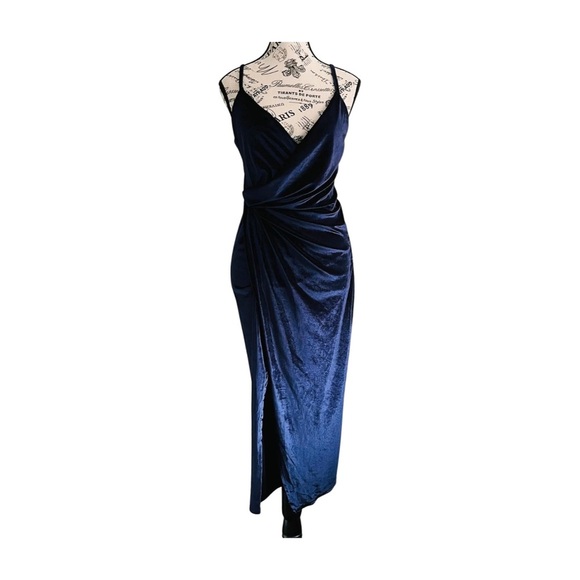 Double Crazy Midnight Blue Velvet Dress – Ruched Front with Slit | S - Picture 1 of 9